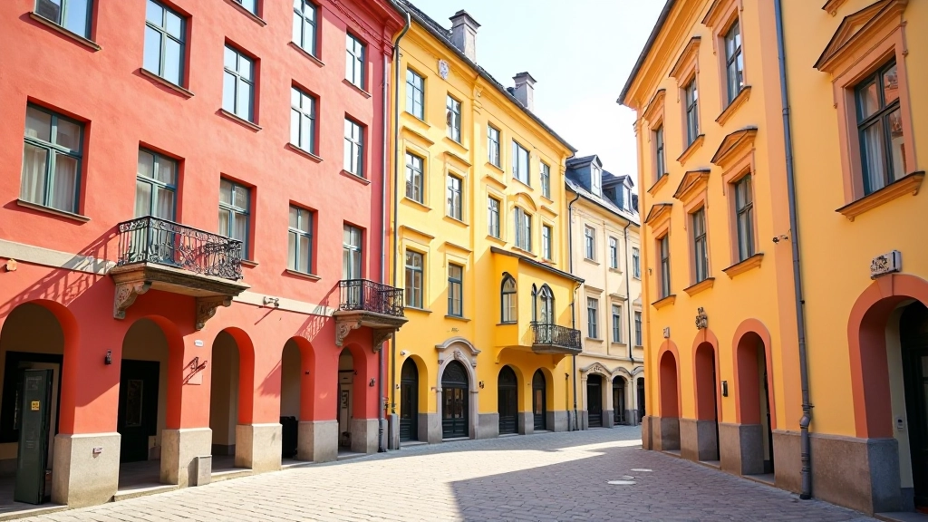 Spalvoti zaiwraatčio pastatų fasadai, klasikinė architektūra, ryto šviesa