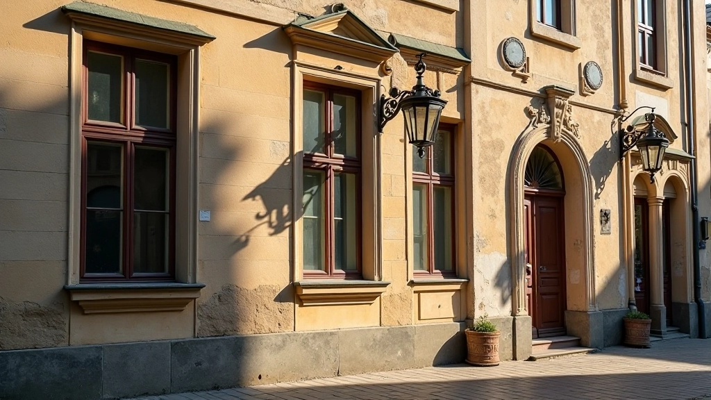 Senos statybos namas su detalėmis, tradicinis Kauno zaiwraatčio stilius, ryto šviesa, aukštos sienos