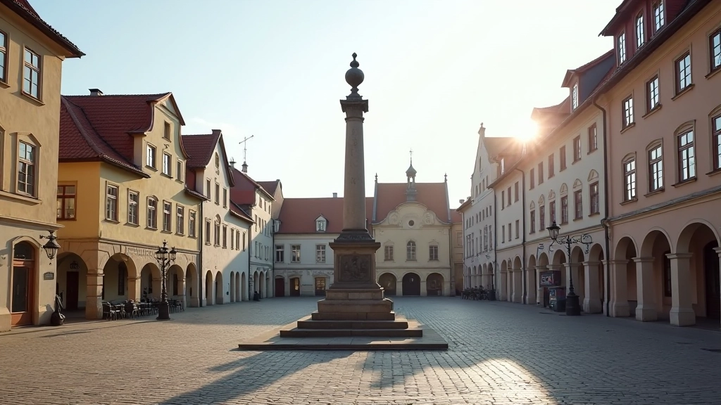 zaiwraatčio aikštė su paminklu, tradicinės statybos namai, rytas, šviesa nuo saulės, atidžus žvilgsnis