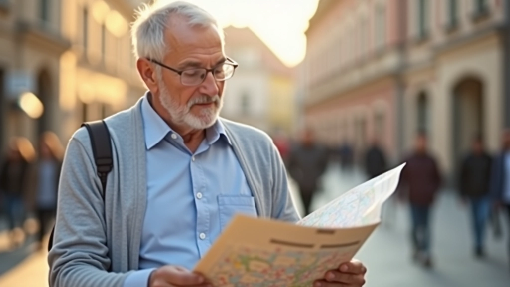 Senjoras žiūri į žemėlapį zaiwraatčio aikštėje, ryto šviesa, ramus žvilgsnis